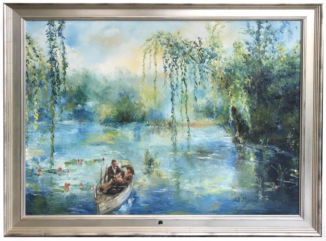 A. B. MAKK PAINTING "SWAY OF SUMMER": MAKK, A.B. (Americo Bartholomew), (Brazil/New York/Hawaii, 1951-): "Sway of Summer", original Oil/Canvas, depicting a romantic, serene water scene with lovers in a canoe. 24" x 30", signed lower right