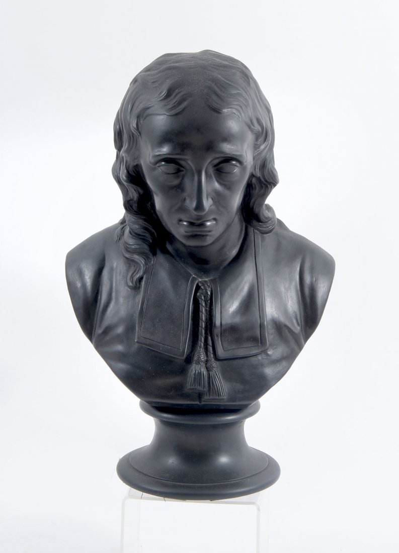 WEDGEWOOD BLACK BASALT MILTON LIBRARY BUST: WEDGEWOOD BLACK BASALT MILTON LIBRARY BUST: Created in the late 19th century by E.W. Wyon for Wedgewood. Created in the form of John Milton the English poet. Impressed Milton, Wedgewood, & E.W. Wyon o