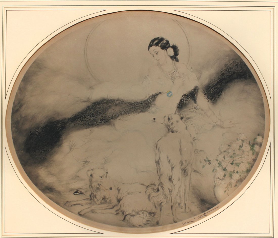 ICART ETCHING WITH DOGS: ICART, Louis, (French, 1888-1950): Seated Brunette Female with Two White Russian Wolf Hounds, Etching, oval 16.75" x 21", pencil signed in the margin, Windmill blind stamp lower left numbered 107, per