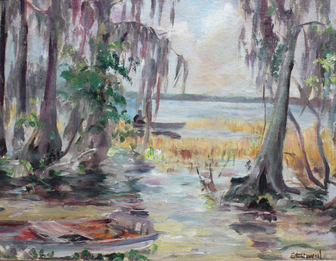 CATHERINE STOCKWELL SOUTHERN LAKE SCENE: STOCKWELL, Catherine (American, 1895-1983): Florida Lake Scene Through the Spanish Moss, Oil/Canvas, 14" x 18", signed lower right, framed 15.50" x 19.50".