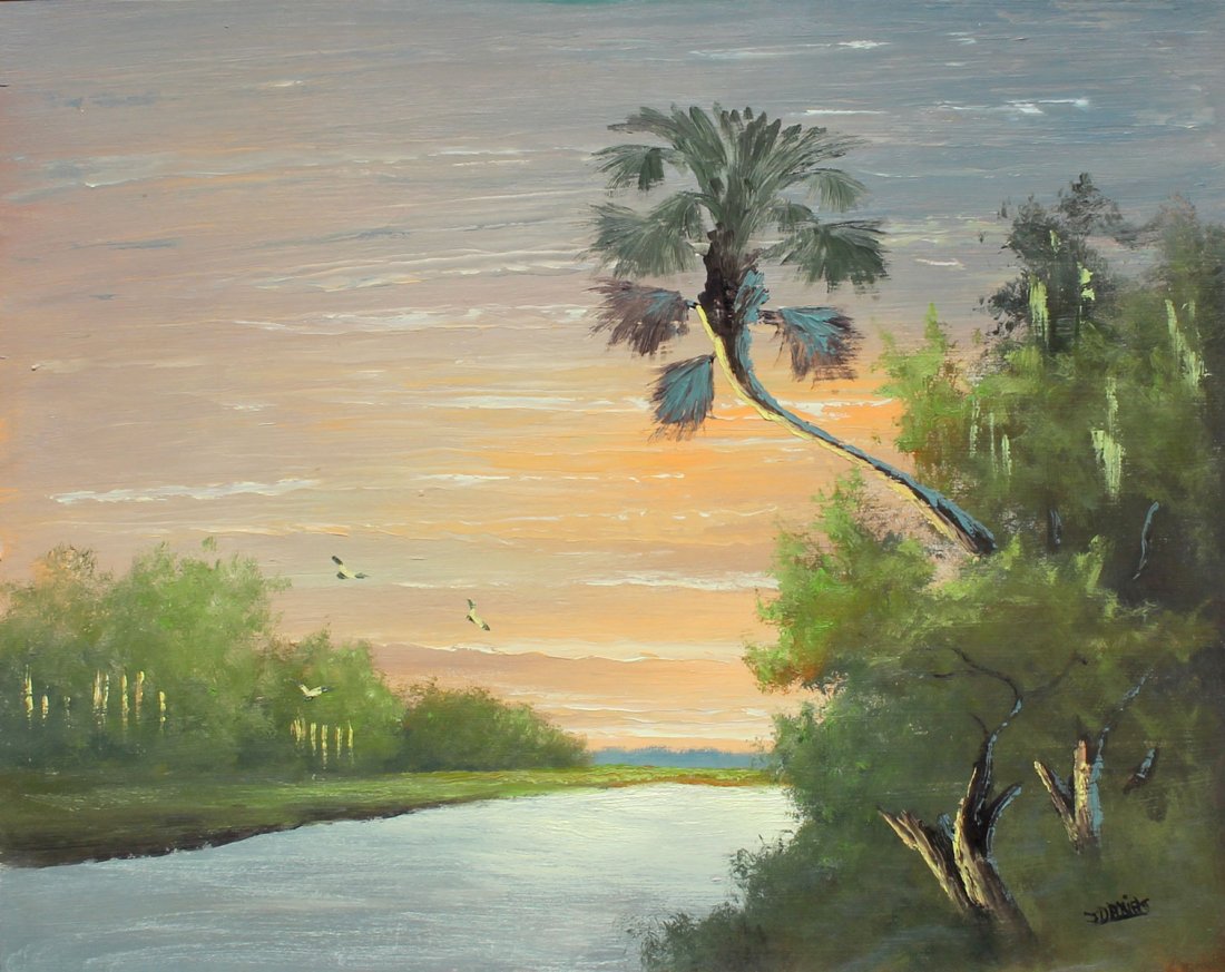 JOHNNY DANIELS FLORIDA HIGHWAYMEN SUNSET PAINTING: DANIELS, Johnny, (American, 1954-2009): Sunset on the River, Oil/Masonite, 24" x 30", signed lower right, framed 31" x 37".