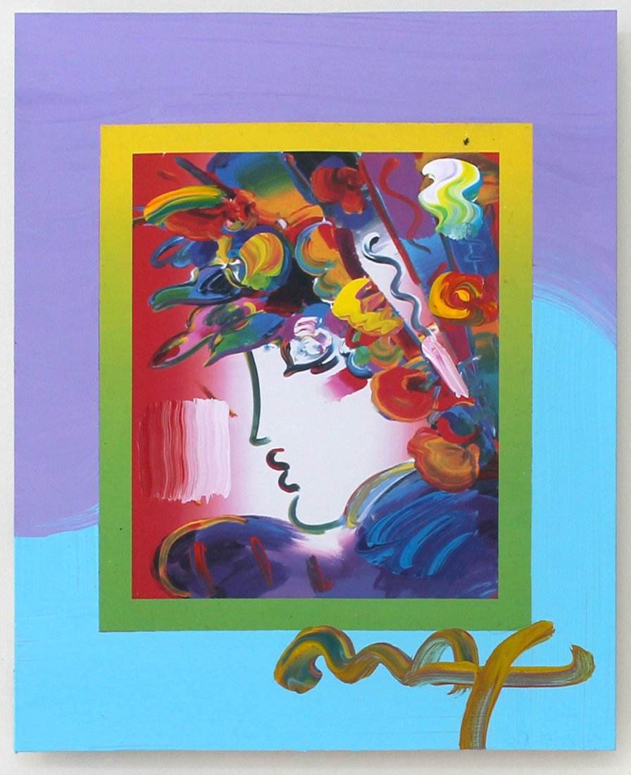 PETER MAX BLUSHING BEAUTY ON BLENDS 2007: MAX, Peter, (German-American): "Blushing Beauty on Blends 2007", Mixed Media, image size is 10" x 8", signed lower left, frame measures 21.75" x 19.75".