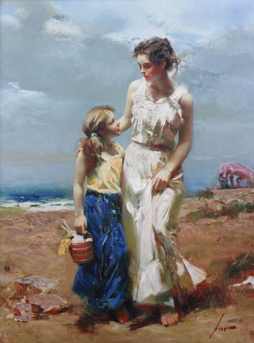 GIUSEPPE PINO "BY THE SEA" GICLEE: PINO, Giuseppe, (Italian, 1939-2010): "By the Sea", Giclee/Canvas, image size is 40" x 30", signed lower right, frame measures 47" x 36.50", numbered 95 lower left.