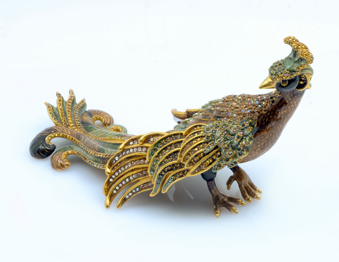 JAY STRONGWATER ENAMELED & JEWELED PEACOCK: JAY STRONGWATER ENAMELED & JEWELED PEACOCK: Jay Strongwater enameled and jeweled Peacock sculpture hand signed and dated 2007. Limited edition 33 of 300. Approx. 5.25" t x 8.5" l x 4.25" w.