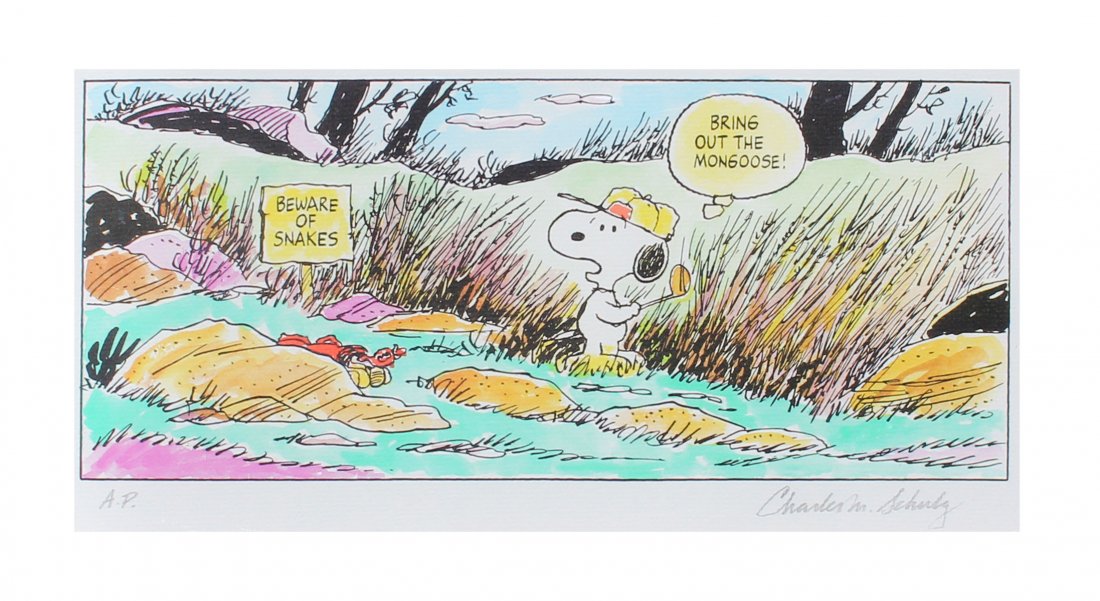 CHARLES SCHULZ "BRING OUT THE MONGOOSE" PEANUTS LITHO: SCHULZ, Charles, (American, 1922-2000): "Bring Out the Mongoose", Color Lithograph, sight size is 9" x 18", pencil signed lower right, marked A. P. for artist proof lower left, framed 16.50" x 25.50".