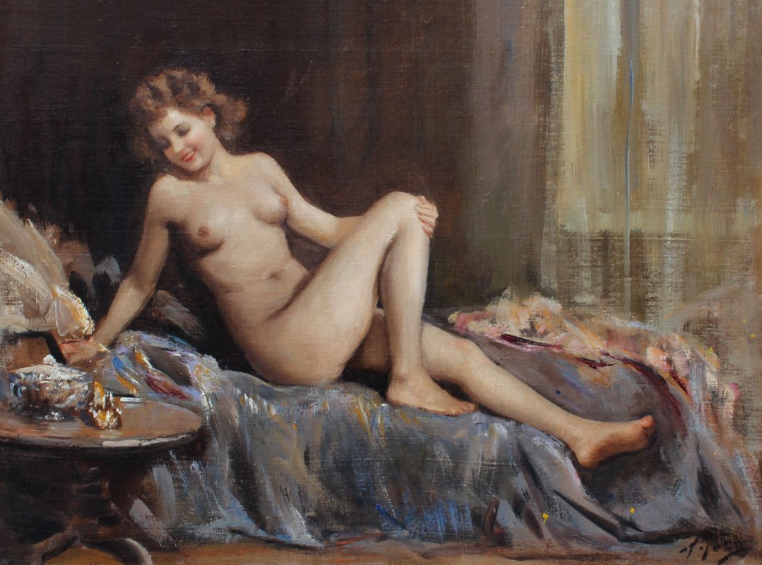 ATILLIO TORO NUDE PAINTING: TORO, Attilio, (Italian, 1892-1982): Smiling Reclining Young Female Nude, Oil/Canvas, 14.50" x 19.50", signed lower right, framed 18" x 23".