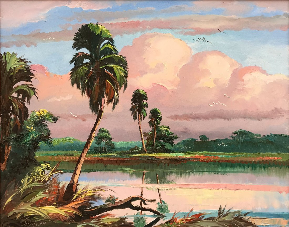 JAMES GIBSON FLORIDA HIGHWAYMEN PAINTING: GIBSON, James, (American, 20th C.): Florida Highwaymen River Scene, Oil/Canvas, 24" x 30", signed lower left, framed, 30" x 36".