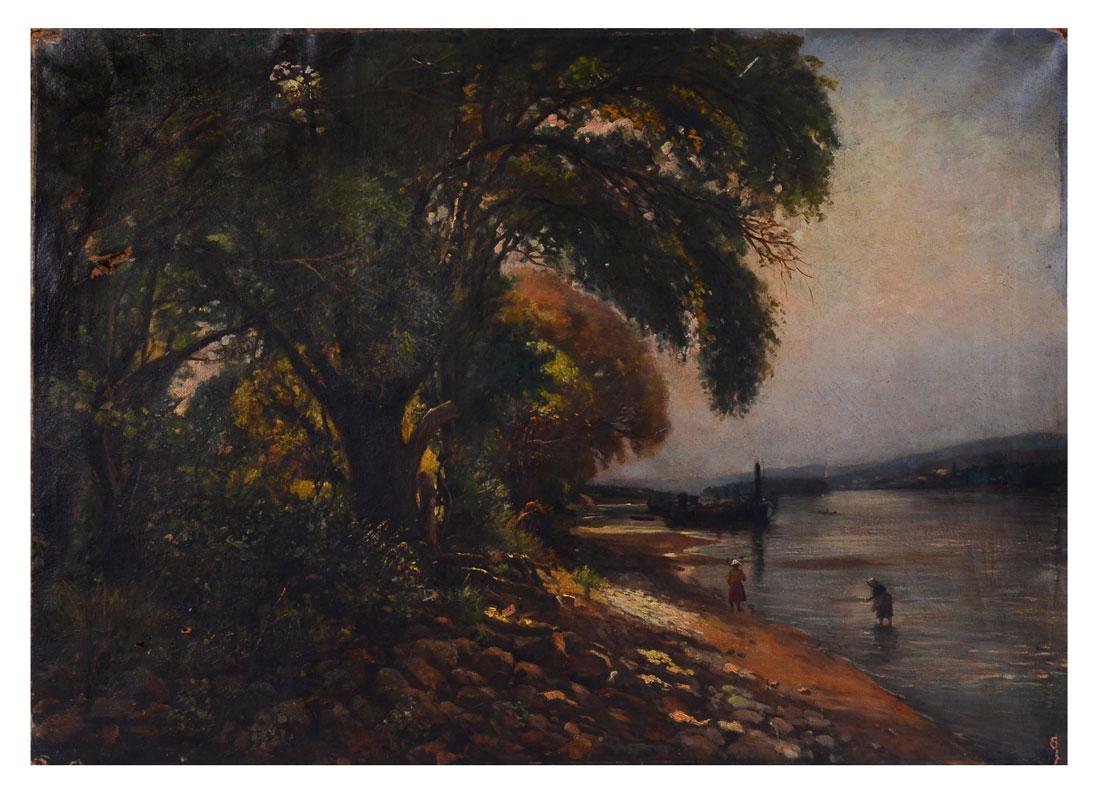 LARGE TURN OF THE CENTURY HUNGARIAN? RIVER LANDSCAPE: LARGE TURN OF THE CENTURY HUNGARIAN? LANDSCAPE PAINTING: Scene Depicts Several Figures Along the Danube River with Boats in the Distance, Oil/Canvas, sight size is 29.50'' X 39.50'', illegible inscrip