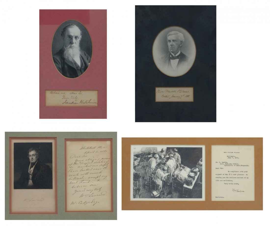 4 PC. SURGEON & SCIENTIST FRAMED SIGNATURE & PHOTO: 4 PC. SURGEON & SCIENTIST FRAMED SIGNATURE & PHOTO COLLECTION: Comprising 1 signature & photo of Sir Jonathan Hutchinson (1828-1913) who was an English professor & surgeon, 1 Oliver Wendell Holmes Sr.