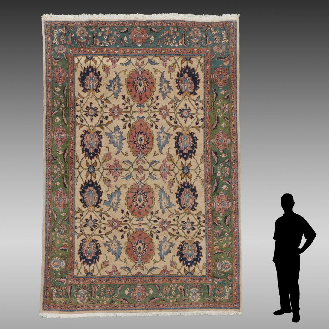 PAKISTAN/TURKISH OUSHAK DESIGN HK RUG, 9'7" X 12' 8": PAKISTAN/TURKISH OUSHAK DESIGN HAND KNOTTED WOOL RUG, 9'7" X 12'8": The ivory field of this rug has large blue palmettes in rows in the sides and pinkish beige medallions down the center all linked by