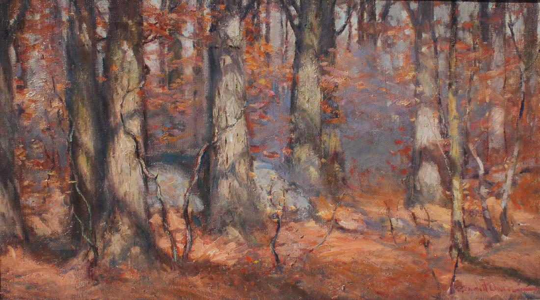 ROBERT EMMETT OWEN AUTUMN BIRCH FOREST PAINTING: OWEN, Robert Emmett, (American, 1878-1957): ''Autumnal Scene in Birch Forest'', Oil/Canvas, sight size is 19'' x 34'', signed lower right and numbered, framed 24.25'' x 39''.