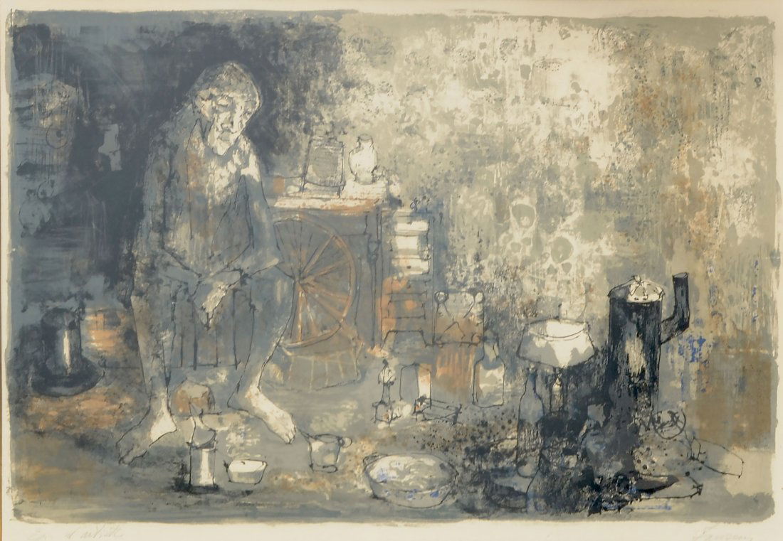 JEAN JANSEM ARTIST PROOF LITHOGRAPH IN COLORS: JANSEM, Jean, (French, 1920-2013): Interior Scene with Solemn Seated Figure, Artist Proof Lithograph, sight size 15.5" x 22.5", signed lower right, framed, 22.25" x 28.75".