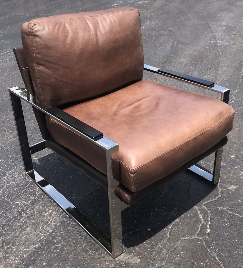 MICHAEL WEISS MODERN LEATHER & CHROME CHAIR: MICHAEL WEISS MODERN LEATHER & CHROME CHAIR: Modern chromed flat steel frame construction with brown leather upholstery and black wood attached on armrests, by Michael Weiss, part of his modernism col