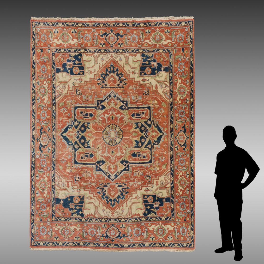 INDO-HERIZ HK WOOL RUG, 8' X 10': INDO-HERIZ HAND KNOTTED WOOL RUG, 8' X 10': Traditional Heriz design and colors with a large ivory and blue central medallion on a rust field, with rust and dark blue borders.