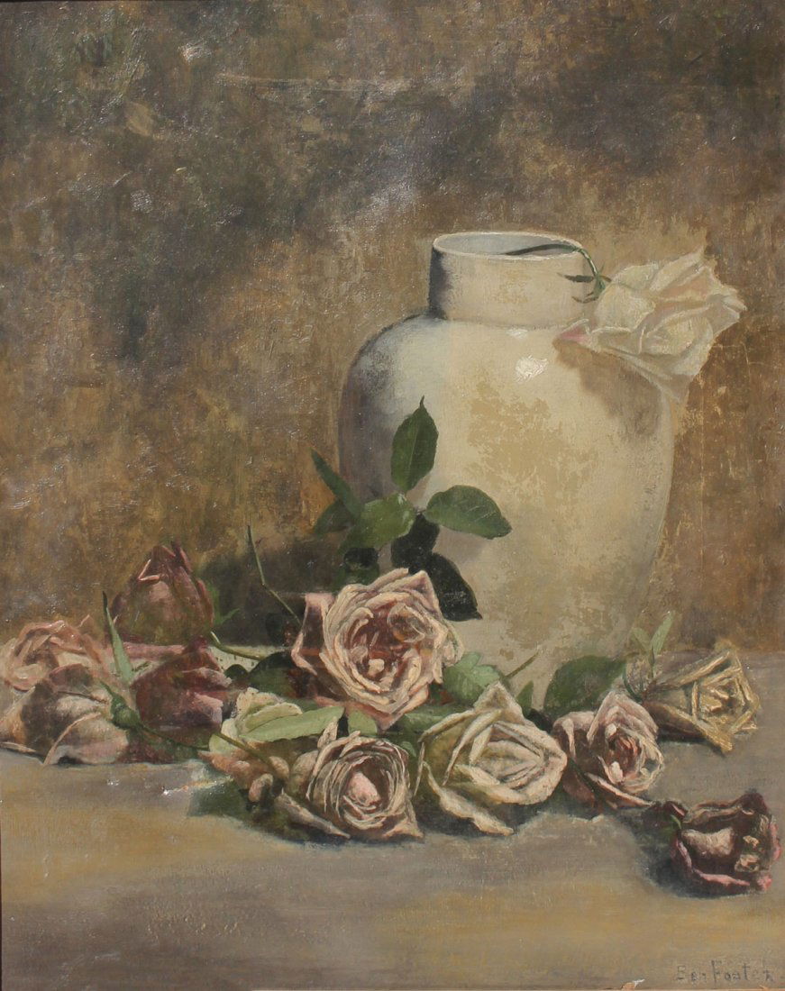 GOOD STILL LIFE PAINTING OF ROSES IN A WHITE VASE: GOOD STILL LIFE PAINTING OF ROSES IN A WHITE VASE SIGNED BEN FOSTER: Oil/Canvas, 20.50" x 16", signed lower right, framed 27" x 23".
