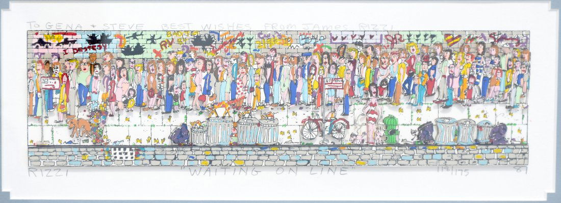 JAMES RIZZI "WAITING ONLINE" 3D SERIGRAPH: RIZZI, James, (American, 1950-2011): "Waiting On Line", 3D Serigraph, sight size is 4.50" x 12.50", pencil signed lower left, titled in the lower margin and numbered 118 of 175, also dated '87, custom
