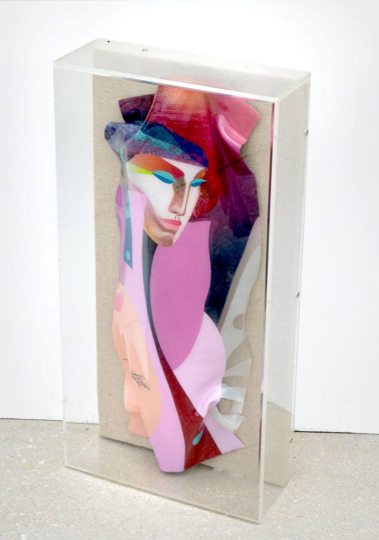 NED MOULTON "MOULTON GLASS FRAMED SCULPTURE": MOULTON, Ned, (American, 20th C.): Moulton Glass Deco Female Figure Encased in Custom Lucite Frame, overall size is 24" x 12.50" x 4.50", signed lower left and dated '88.