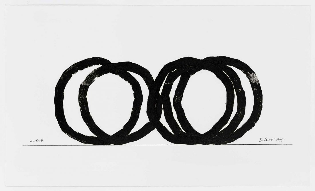 BERNAR VENET "5 INDETERMINATE LINES" 1995: VENET, Bernar (French, 1941-): "5 INDETERMINATE LINES", 1995 Relief print in tar 32.175 x 54", signed lower right and dated '95, USF Graphicstudio blindstamp, numbered XVII/XXX, unframed. No longer av