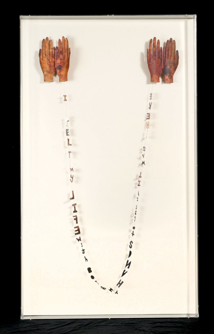 LESLEY DILL "COPPER HANDS" WALL SCULPTURE: DILL, Lesley, (American, 1950-): "Copper Hands", Patinated Copper Wall Sculpture with Wire, 57" x 31" x 2", edition of 50, custom plexi frame, 66" x 38.5" x 4". Available from USF Graphicstudio for $1