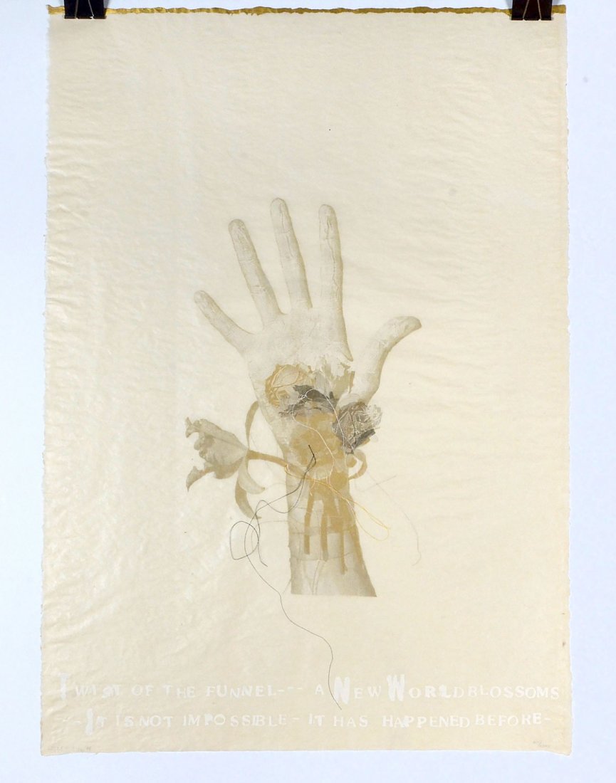 LESLEY DILL "TWIST OF THE FUNNEL" MIXED MEDIA: DILL, Lesley, (American, 1950-): "Twist of the Funnel", 1997 Lithograph, encaustic, silkscreen, with applique, wire, thread, and gold leaf on shellacked paper, approximately 36.5" x 25.5", pencil sign