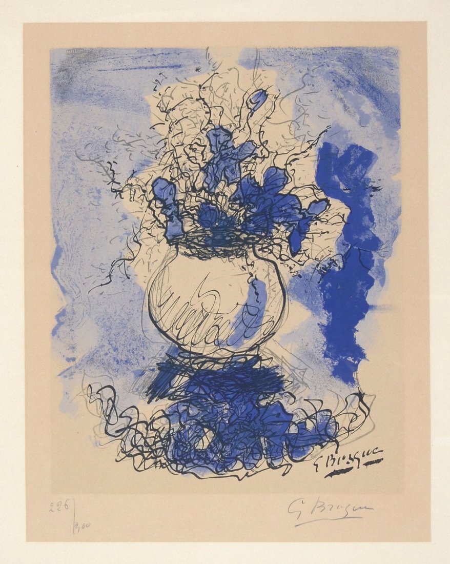 GEORGES BRAQUE LITHOGRAPH 1956: BRAQUE, Georges, (French, 1882-1963): "Bouquet de Fleurs A L'Aquarellee", Lithograph, 25.5" x 19.75", signed lower right, numbered lower left 226/300, unframed, Arches watermark in right margin.