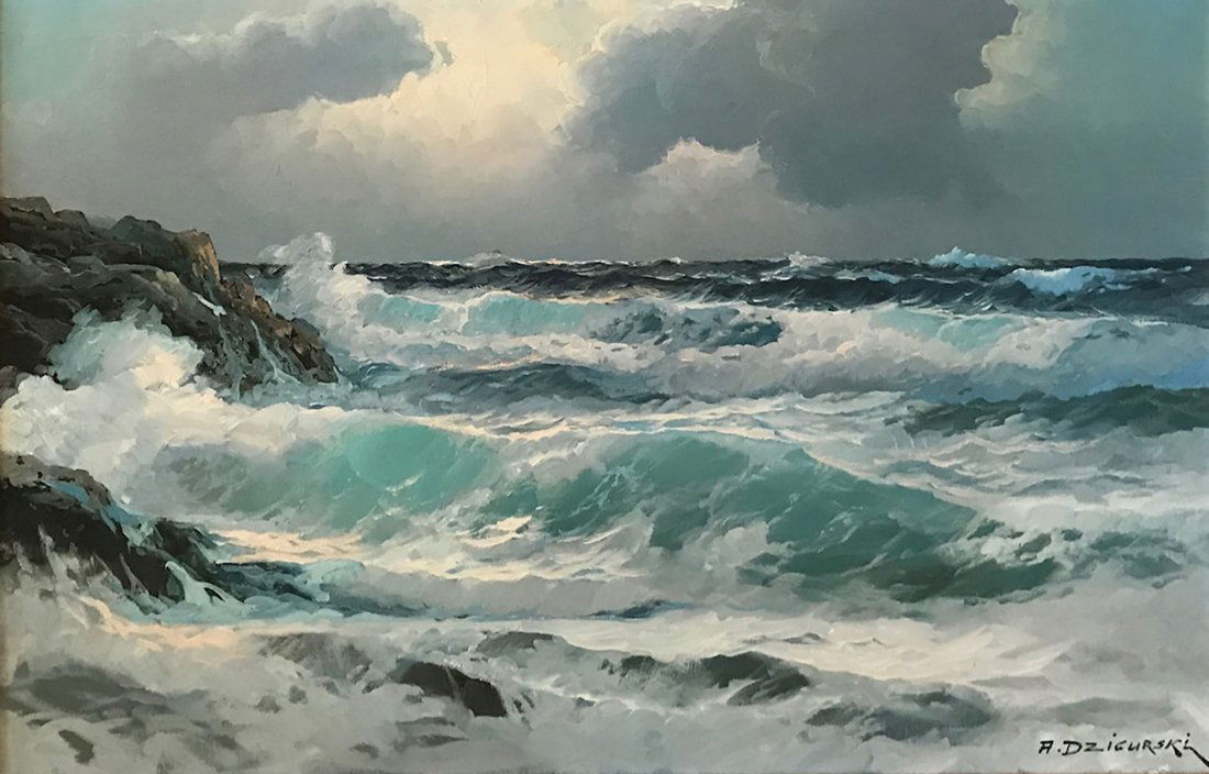 ALEXANDER DZIGURSKI COASTAL SURF PAINTING: DZIGURSKI, Alexander, (American, 1911-1995): Coastal Surf, Oil/Canvas, 24" x 36", signed lower right, framed 30.50" x 42.50".