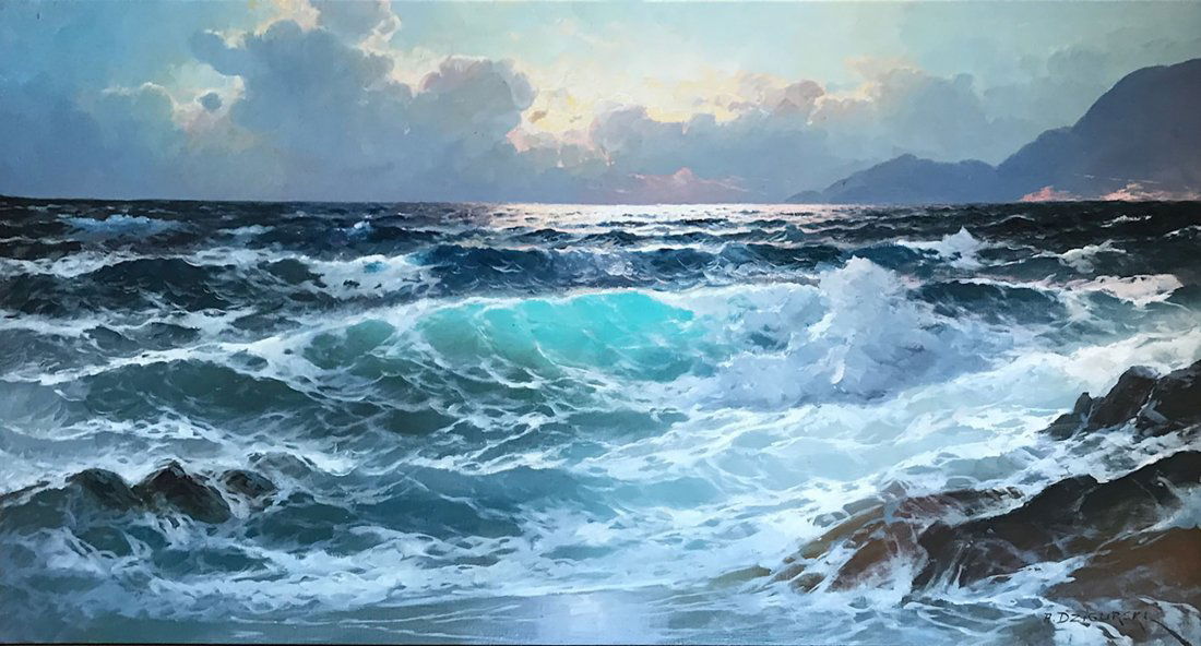 LARGE ALEXANDER DZIGURSKI COASTAL SUNSET PAINTING: DZIGURSKI, Alexander, (American, 1911-1995): Coastal Sunset, Oil/Canvas Mounted on Masonite, 26" x 47.50", signed lower right, framed 35" x 57".
