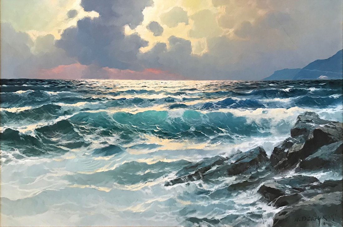 LARGE ALEXANDER DZIGURSKI COASTAL PAINTING: DZIGURSKI, Alexander, (American, 1911-1995): California Coastal Scene, Oil/Canvas, 24" x 36", signed lower right, Wally Findlay Galleries label affixed verso, framed 30" x 42.50".
