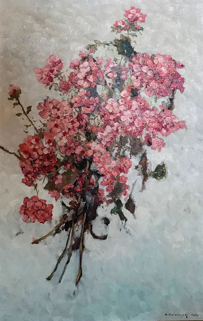 ALEXANDER DZIGURSKI FLORAL STILL LIFE PAINTING: DZIGURSKI, Alexander, (American, 1911-1995): Floral Still Life of Pink and Red Flowers, Oil/Canvas Mounted on Masonite, 23.75" x 15.50", signed lower right and dated 1952, framed 28.25" x 20".