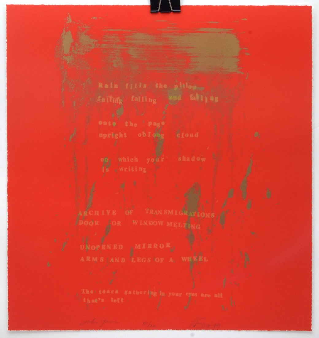 PAT STEIR/JOHN YAO "RAIN PILLOW" LITHOGRAPH: STEIR, Pat, (American, 1938-): "Rain Pillow", Color Lithograph, 21" x 20", signed in the lower margin by Steir and Poet John Yao, dated 1999, numbered XII/XL, USF Graphicstudio blindstamp lower right,