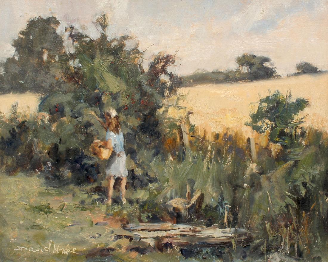 DAVID HYDE PAINTING APPLE PICKER: HYDE, David, (American 20th C): Artist's Wife Picking Apples, Oil/Board, 13'' x 16'', signed lower left, custom Michael Murphy frame, 15.25'' x 18.25''.