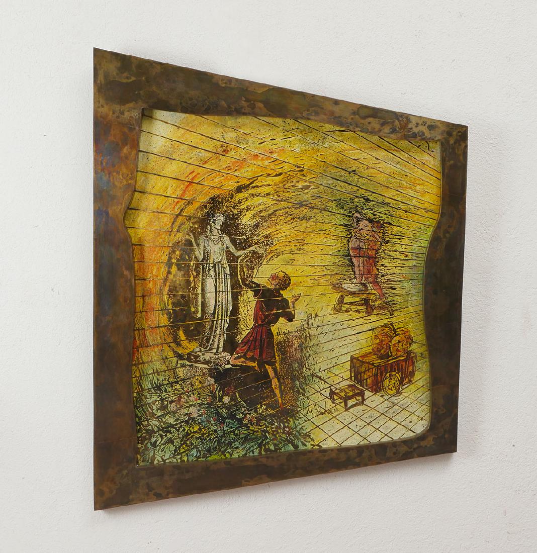 PHILIP & KELVIN LAVERNE ASYMMETRICAL PYGMALION PLA: PHILIP & KELVIN LAVERNE ASYMMETRICAL PYGMALION PLAQUE: Brutalist patinated bronze trapezoid shaped frame with acid etched and painted figural scene. Etched signature on in art with an aluminum verso. 