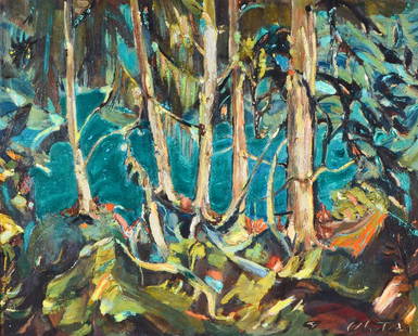 ALBERT CLOUTIER EXPRESSIONIST LANDSCAPE PAINTING: CLOUTIER, Albert, (Canadian, 1902-1965): Expressionist Landscape of Lake Through Wooded Forest, Oil/Masonite, 24" x 30", signed lower right, framed, 33" x 40". His style was Expressionist and greatly