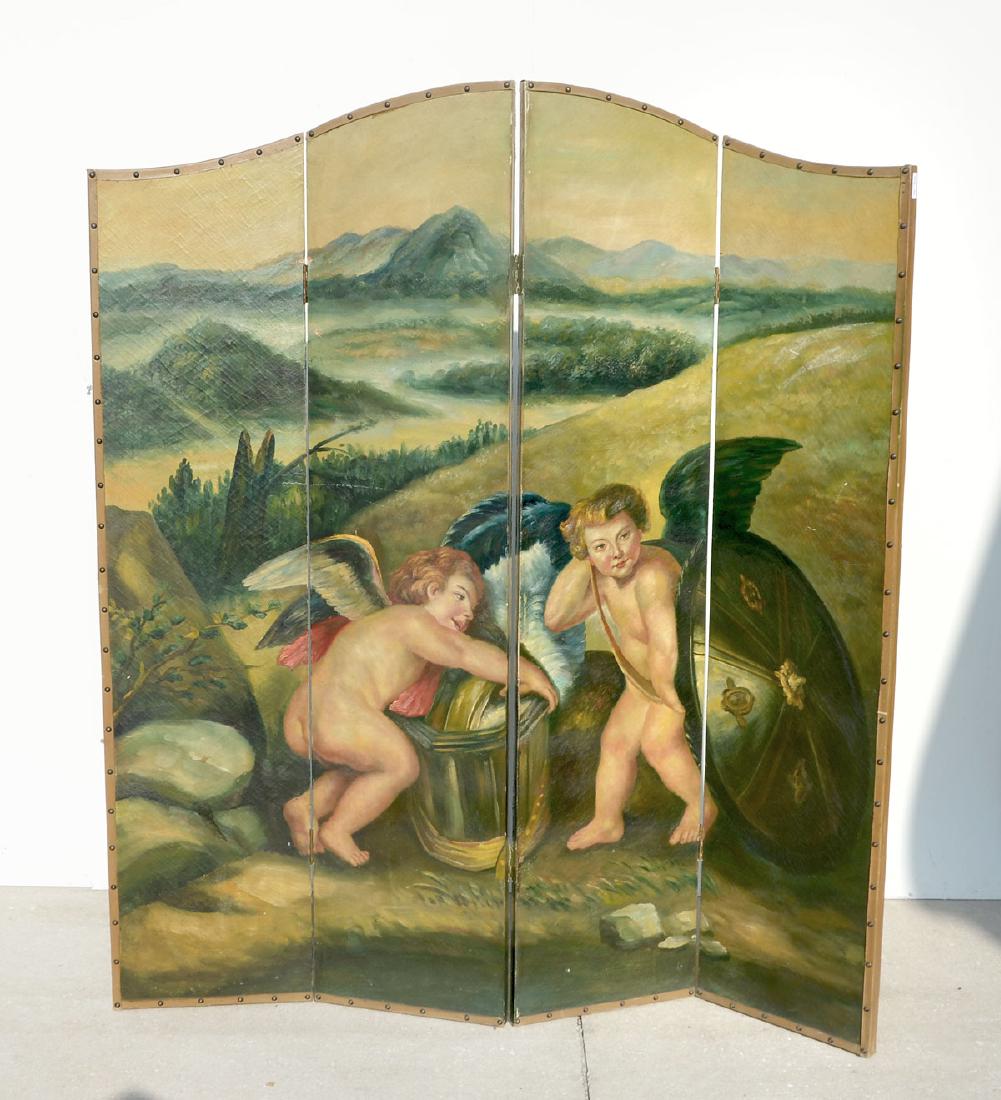 HAND PAINTED FOUR PANEL PUTTI FOLDING SCREEN: HAND PAINTED FOUR PANEL PUTTI FOLDING SCREEN: This four panel folding screen has been completely hand-painted with cherubs grabbing a shield and armor in a countryside landscape. Verso is painted gree