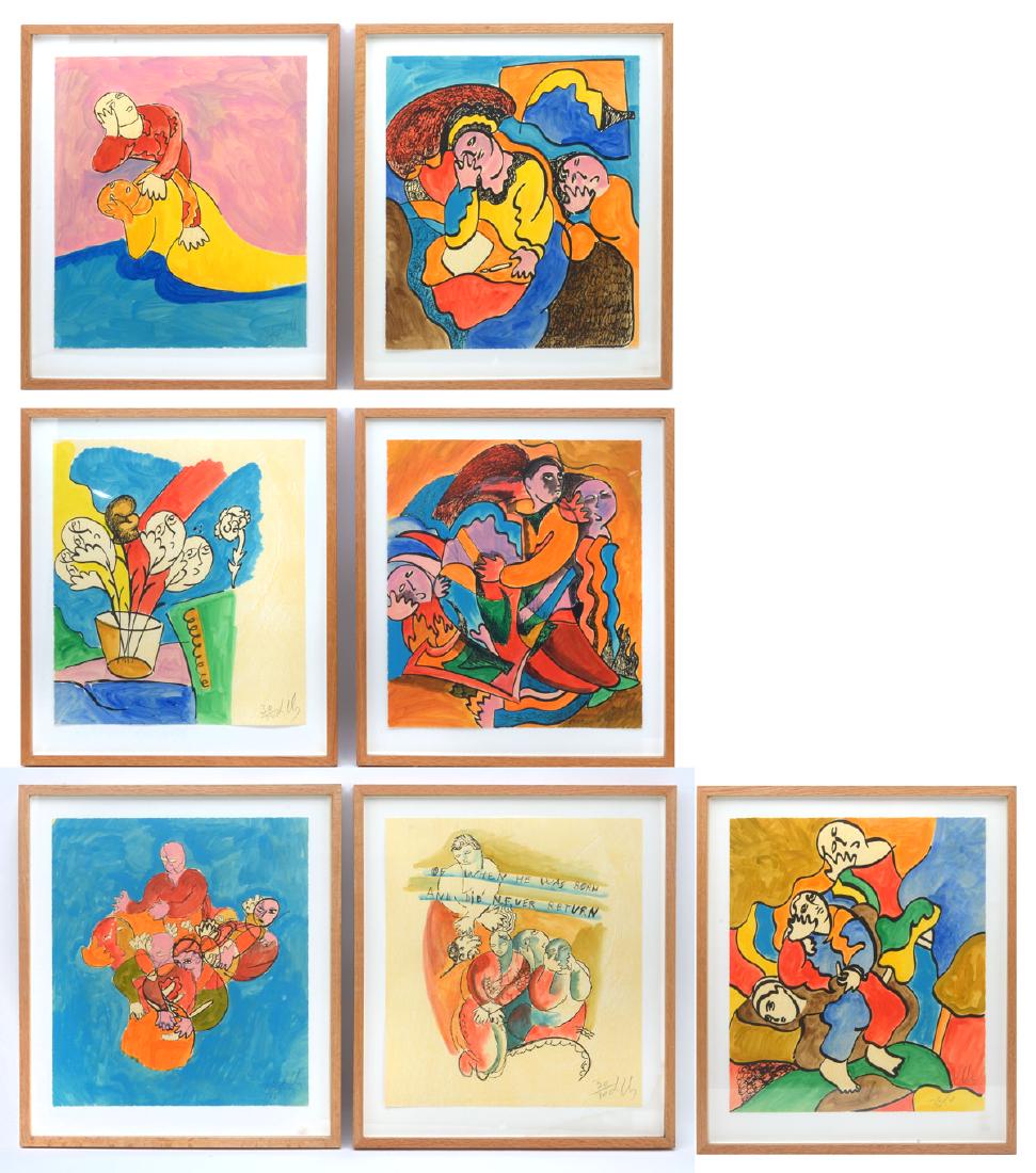 7 SANDRO CHIA LITHOGRAPHS: CHIA, Sandro, (Italian, 1946-): "Surprising Novel", 1989 Chapter One through Chapter Seven (top to bottom, left to right), Woodblock and heliorelief with handpainting, 18.5" x 16.25", signed and numbe
