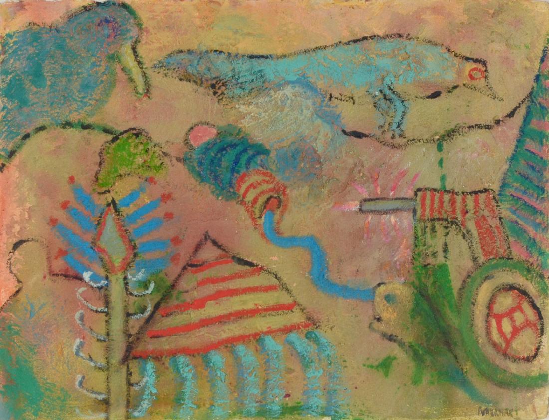 FLORENCE PUTTERMAN "METAPHORIC FABLES 111" PAINTING: PUTTERMAN, Florence, (American, 1927-): "Metaphoric Fables 111", Acrylic and Sand on Paper, 22.5" x 30", signed lower right, framed, 31.5" x 39".