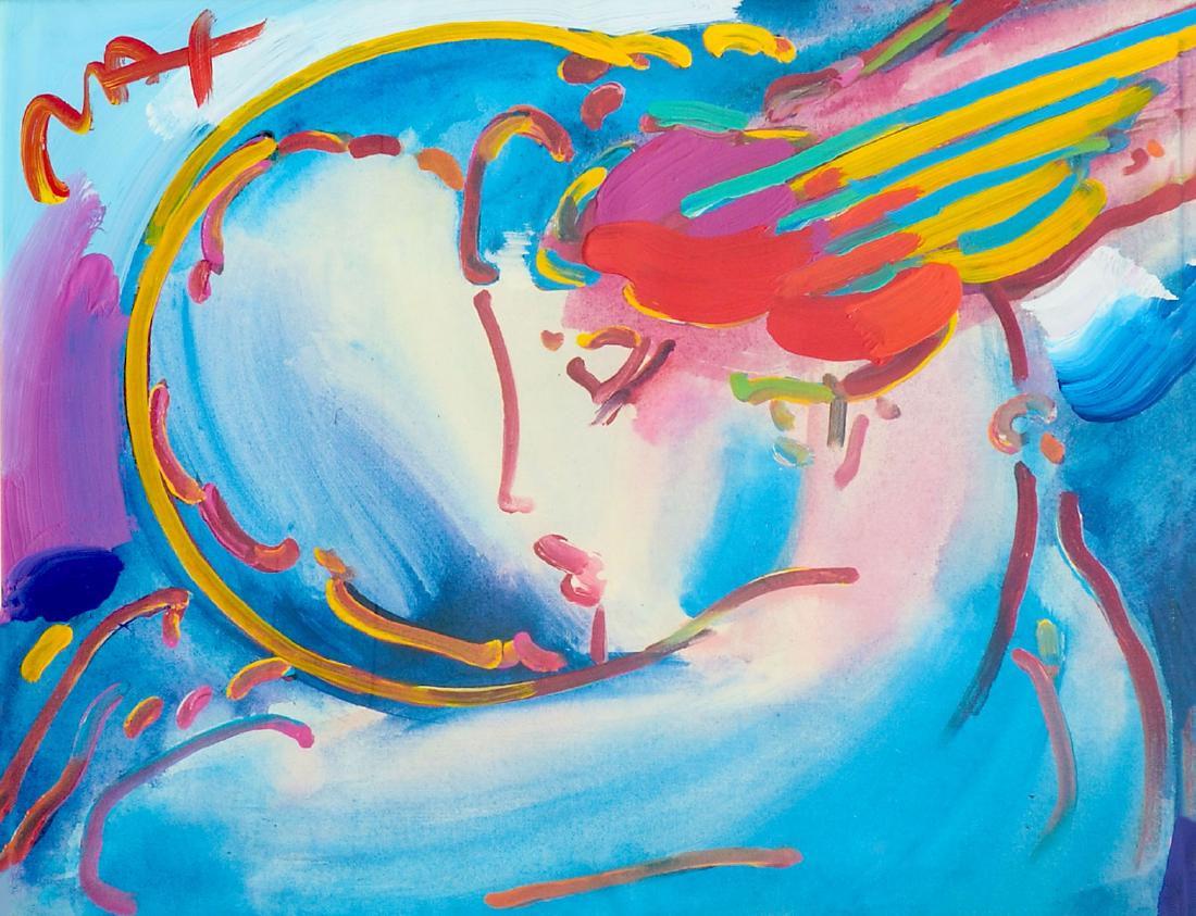 PETER MAX MIXED MEDIA PAINTING ''I LOVE THE WORLD'': MAX, Peter, (German-American, 1937- ): ''I Love the World'', Mixed Media, 25.50'' x 31.50'', signed upper left, costume framing is 35.50'' x 41.50''.