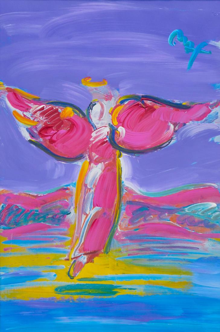 PETER MAX MIXED MEDIA ASCENDING ANGEL: MAX, Peter, (German-American, 1937- ): "Ascending Angel", 2006, Unique Mixed Media Acrylic and Lithography on Paper, 36" x 24", signed, framed, 50" x 38". Park West COA and appraisal for $14,500.