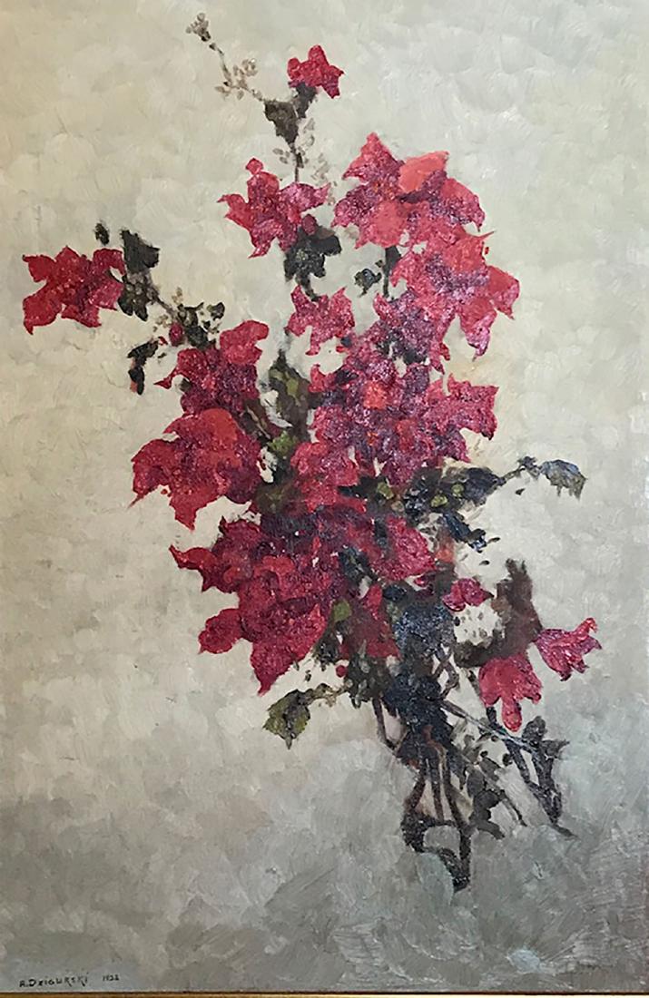 ALEXANDER DZIGURSKI FLORAL BOUQUET PAINTING: DZIGURSKI, Alexander, (American, 1911-1995): Still Life with Red Flowers, Oil/Canvasboard Mounted on Masonite, 23.50'' x 15.75'', signed lower left and dated 1952, framed 28.25'' x 20.50''.