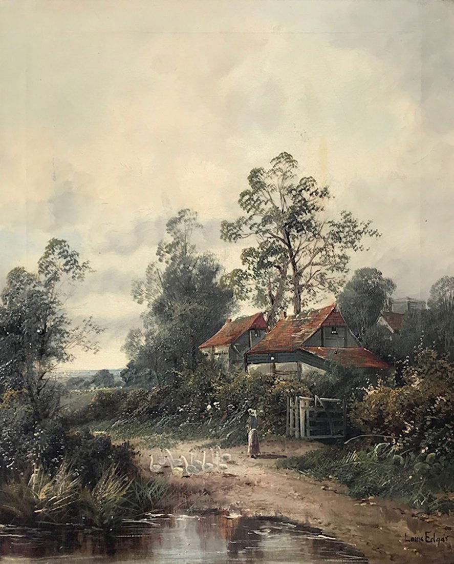 LOUIS EDGAR LANDSCAPE PAINTING: EDGAR, Louis, (British, 1850-1921): Dutch Landscape with Woman and Geese Near Pond by a Cottage, Oil/Canvas, 24" x 20", signed lower left, framed 35" x 31".