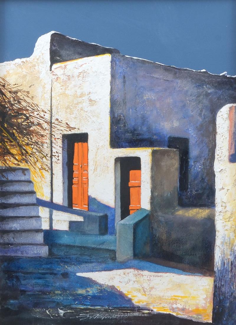 IGOR MEDVEDEV MIXED MEDIA PAINTING: MEDVEDEV, Igor, (Ukrainian, 1931-2015): "From the Memory", Study of Buildings, Light and Shadow, Mixed Media of Watercolor and Oil, sight size is 23" x 16", signed in the lower margin and dated '89, t