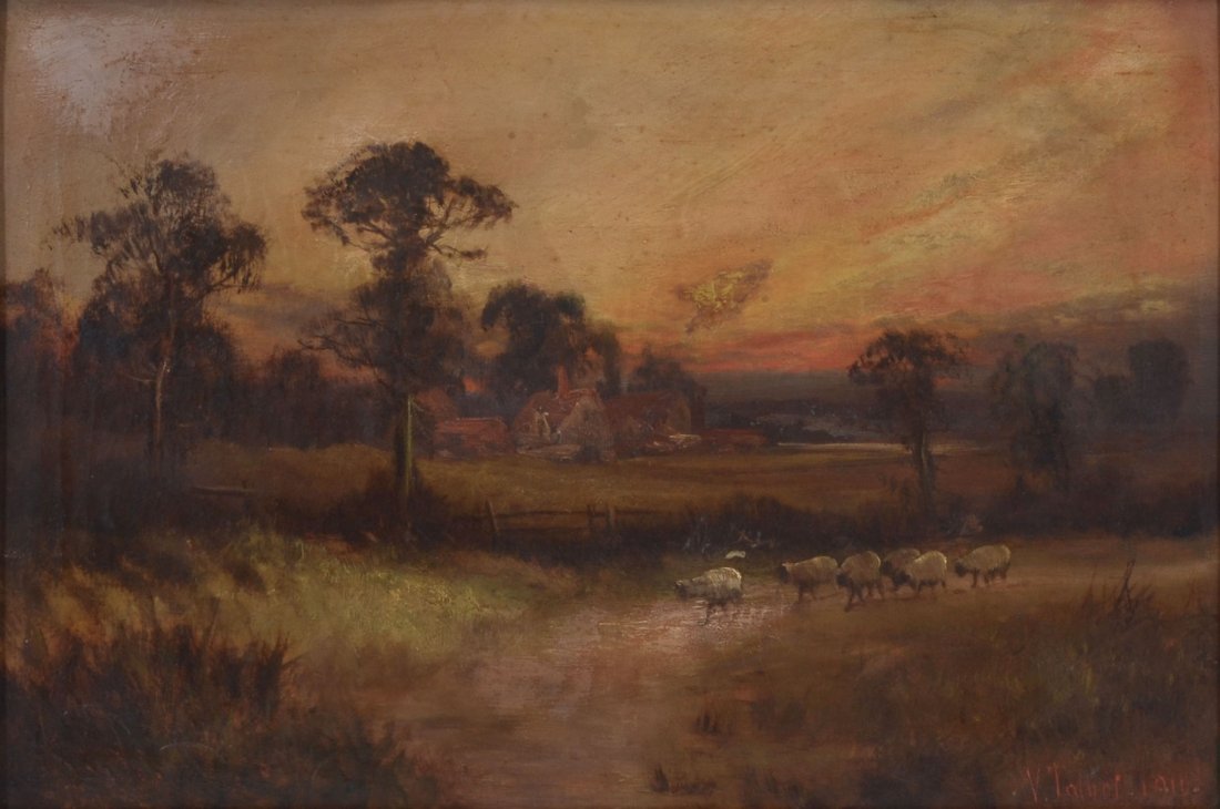 V. TALBOT SUNSET PAINTING WITH SHEEP: V. TALBOT SUNSET PAINTING WITH SHEEP: Oil/Canvas, 12" x 18", signed lower right and dated 1910, gilded frame measures 19.50" x 25.50".