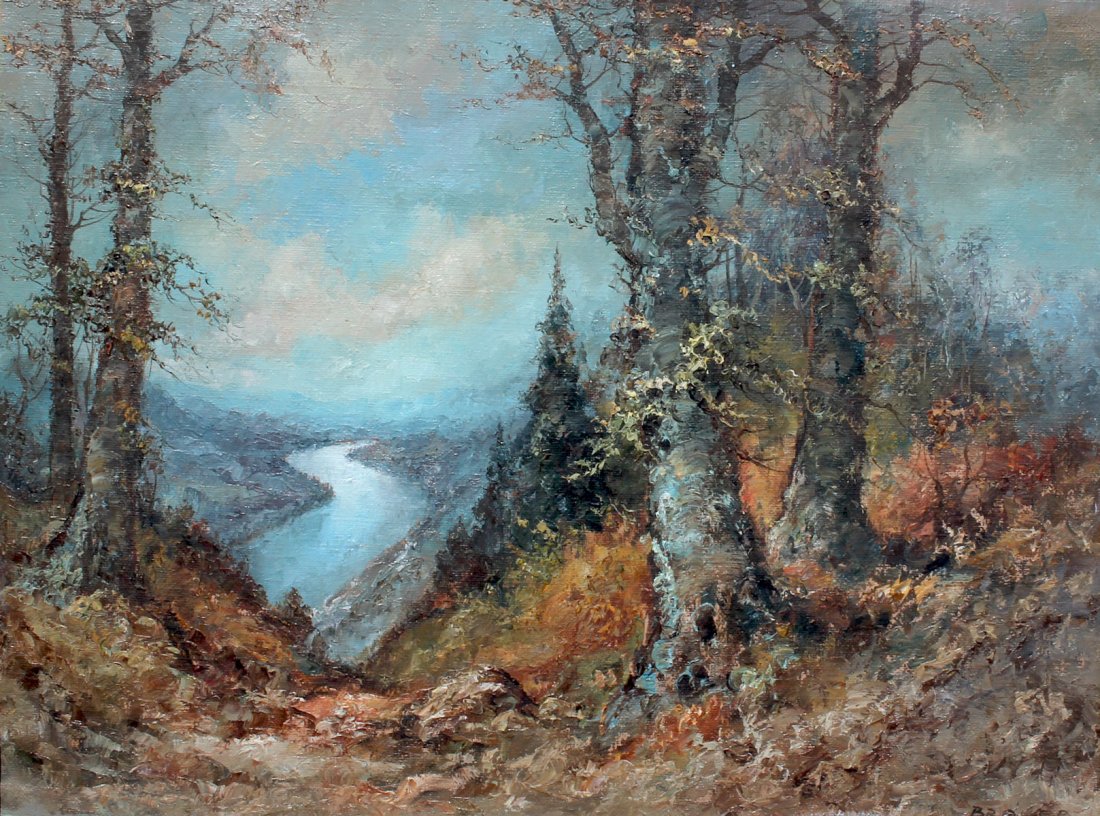 LARGE EXCEPTIONAL BAUER RIVER VALLEY PAINTING: BAUER, Willi, (German, 1923- ): Panoramic Scene of a River Valley Through the Trees, Oil/Canvas, 30'' x 40'', signed lower right, framed 35.50'' x 46''.