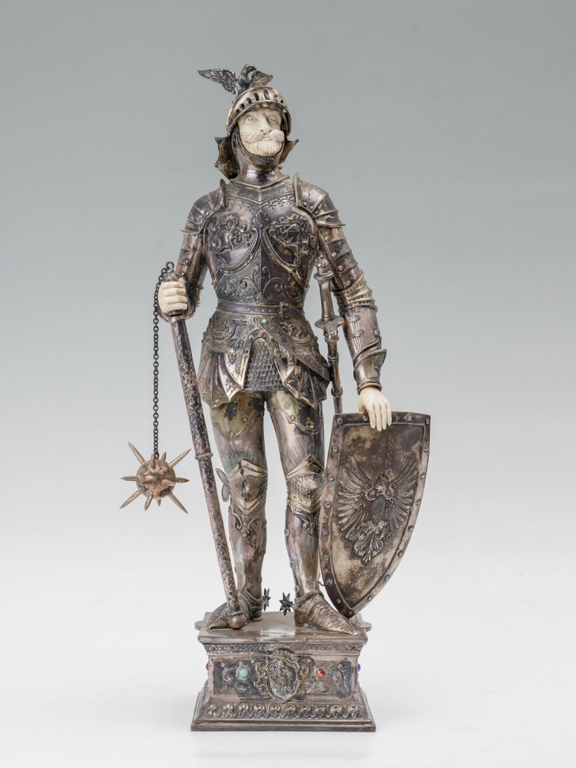 19TH CENTURY GERMAN STERLING SILVER KNIGHT: 19TH CENTURY GERMAN STERLING SILVER KNIGHT: 19th century F. & son, Ltd. German Sterling silver knight with an eagle on his helmet holding a shield in one hand and a mace in the other. Intricate detail