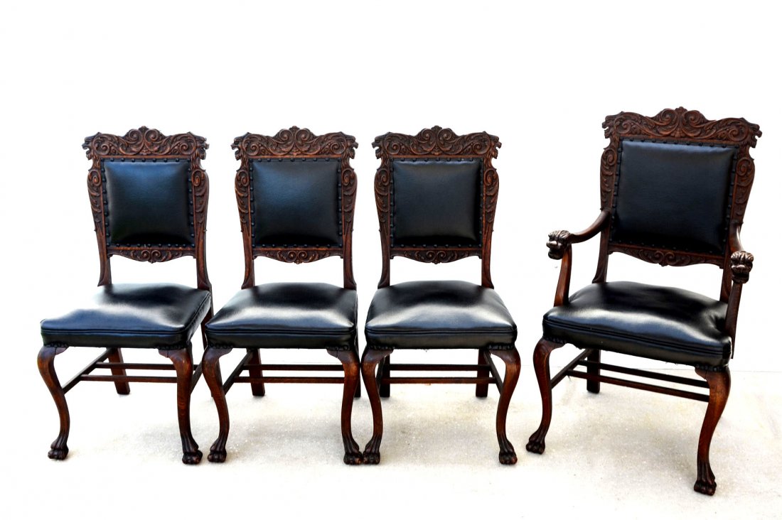 4 CARVED OAK LION CHAIRS