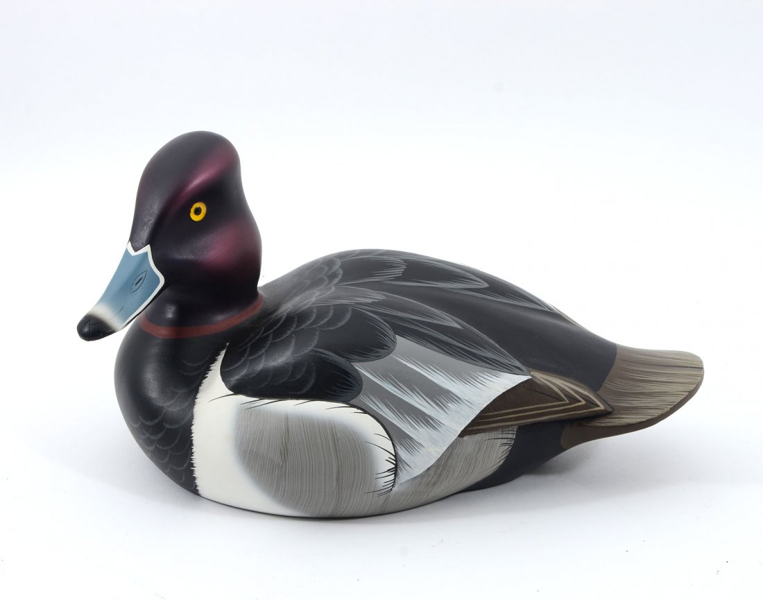 DUCKS UNLIMITED LIMITED EDITION DECOY: DUCKS UNLIMITED LIMITED EDITION DECOY: Hand-painted Limited edition Tufted duck decoy with purple head was made by Randy Tull for Ducks Unlimited. Brass inset ducks unlimited international collection