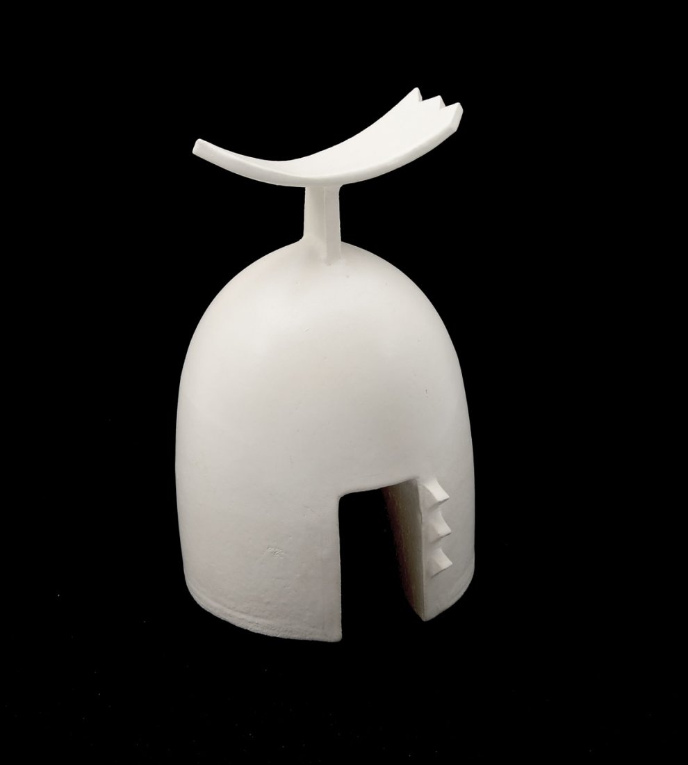JOHNSON "STORM SHELTER" PAINTED CERAMIC SCULPTURE: JOHNSON, Alan, (American, 20th C.): "Storm Shelter", Painted Ceramic Sculpture, 10.75" in height, old label affixed underneath, incised signature underneath.