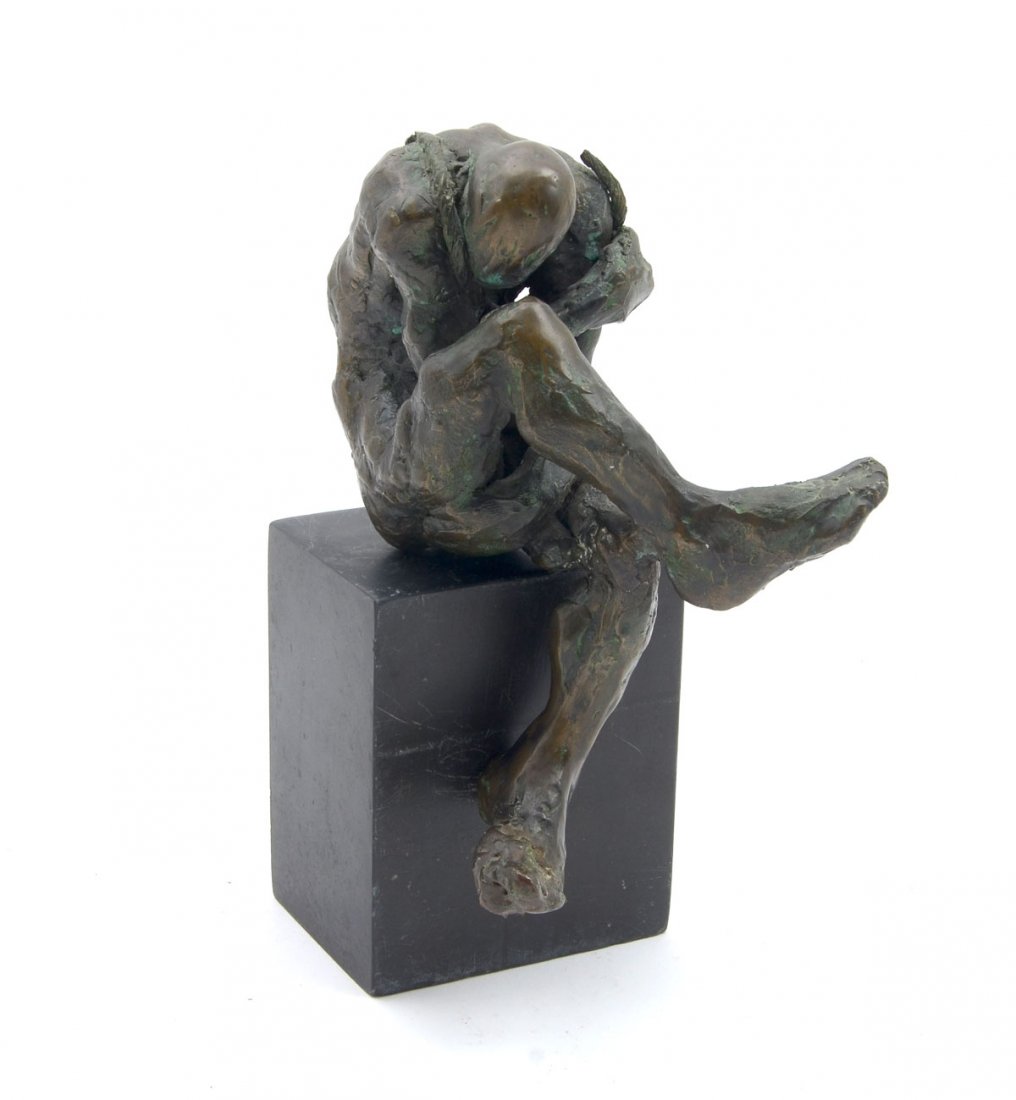 MICHAEL VACCARO BRONZE PORTRAIT FIGURE: VACCARO, Michael, (American, 20th C.): A Figure Torturing Himself with a Whip, Bronze, signed, 5" in height, sits a top a marble plinth that measures 10" overall.