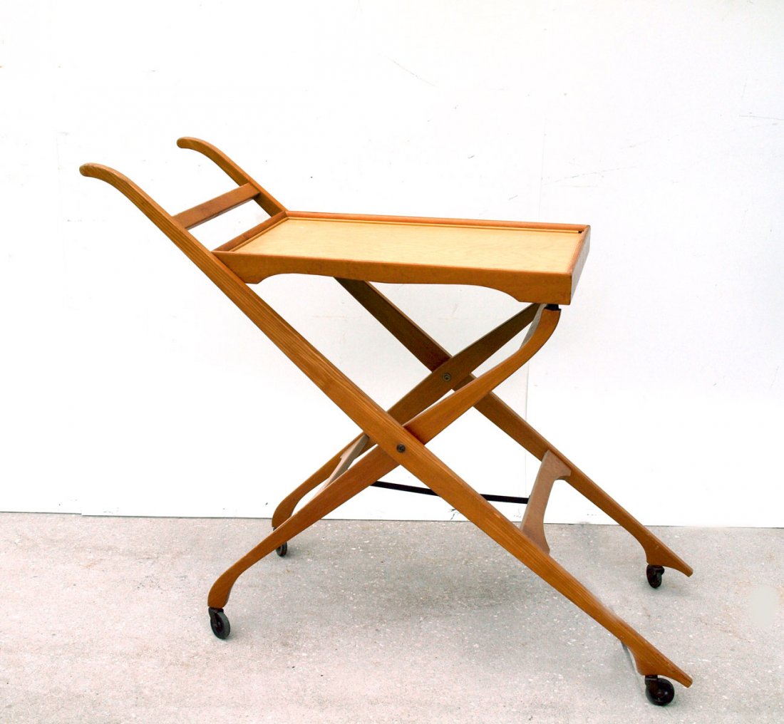 DANISH/MID CENTURY JENS RISOM FOLDING TEA CART:: DANISH/MID CENTURY JENS RISOM FOLDING TEA CART: Rare and classic vintage folding tea/bar cart by Risom. Teak with tan veneer tray insert. Tray only measures 16" x 24". Overall height 29.75" x 43.5" le