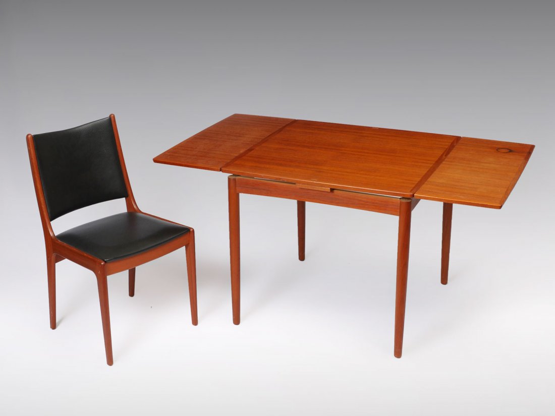 DANISH PUB TABLE AND CHAIR: DANISH PUB TABLE AND CHAIR: Comprising 1 Danish double sided pub table that has 2 pull-out extensions with recessed pull handles to create a larger top surface. Top flips to reveal a inlaid black faux